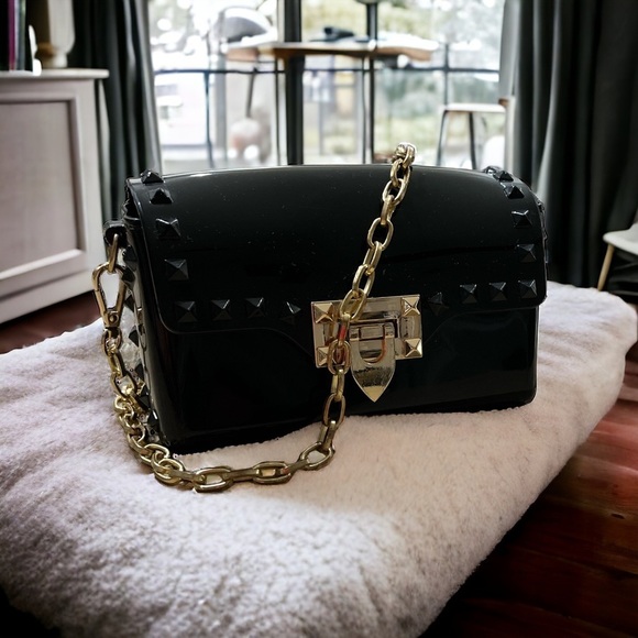 Jelly Stud Crossbody Handbag Black W/ Gold Tone Hardware - Picture 1 of 6